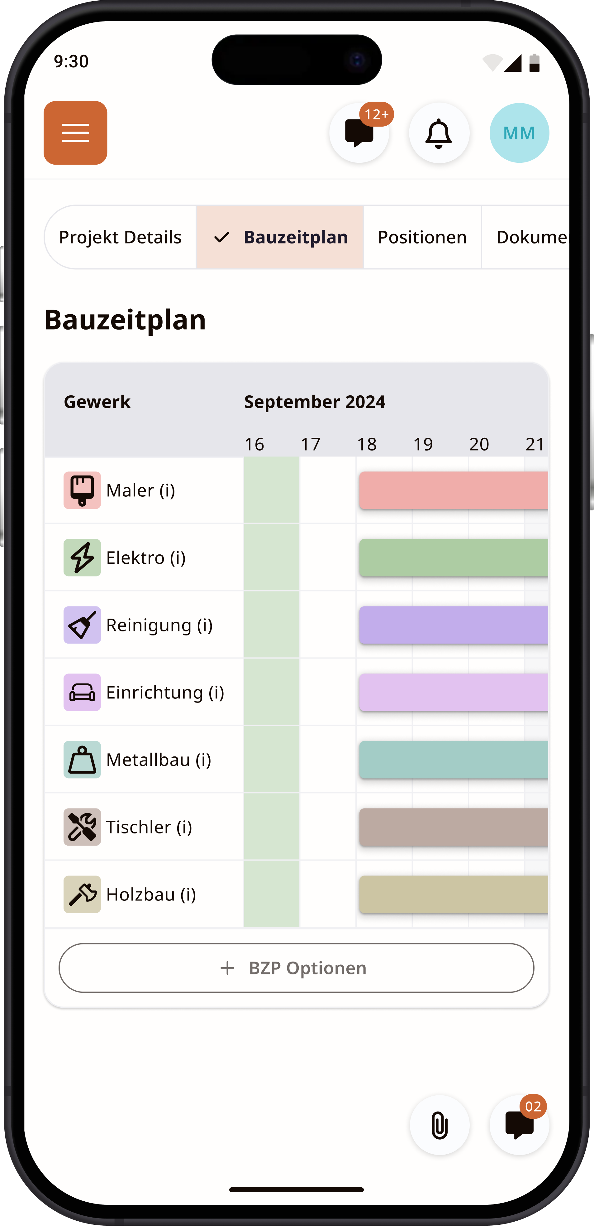 Leo en celular, pestaña Bauzeitplan: cronograma de obra por oficio (pintura, electricidad, limpieza, mobiliario, metalistería, carpintería, madera)