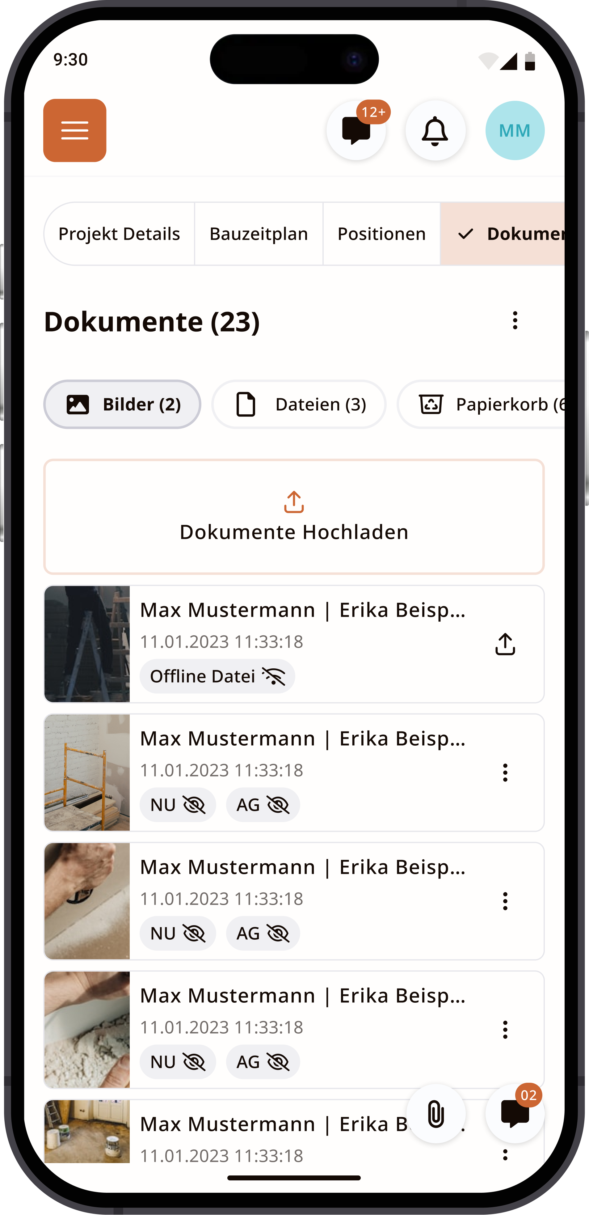 Leo en celular, pestaña Dokumente: botón para subir documentos y lista de archivos con miniatura, autor y fecha