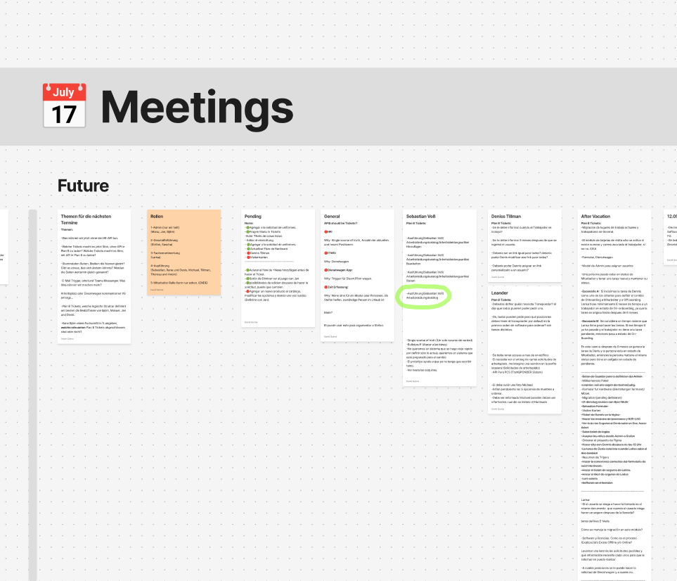 Meeting notes board tracking open questions and decisions with stakeholders across weekly syncs.