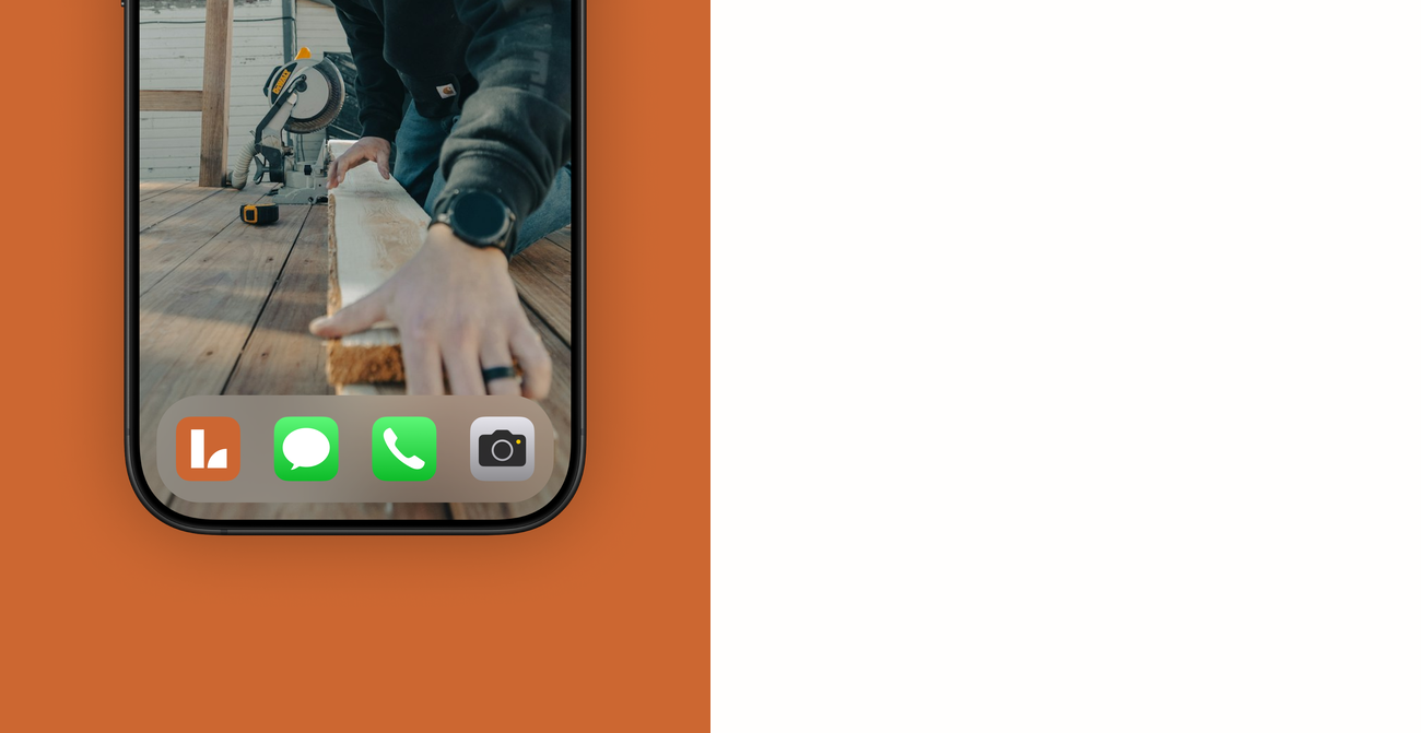 iPhone mockup showing a photo of hands holding a wooden plank with the Leo icon in the dock, on an orange background, next to a light background panel