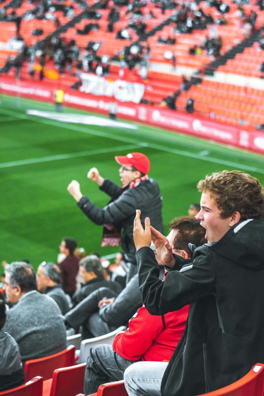 A crowd of fans cheering at a stadium